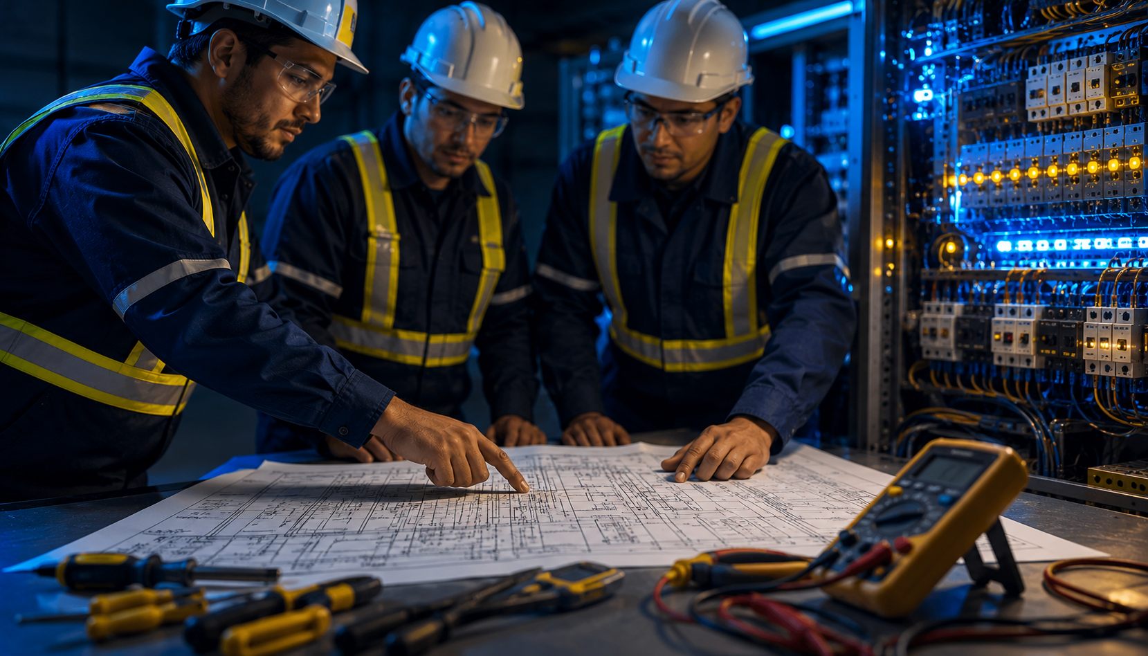 Equipo de técnicos de Red Eléctrica del Norte revisando un proyecto